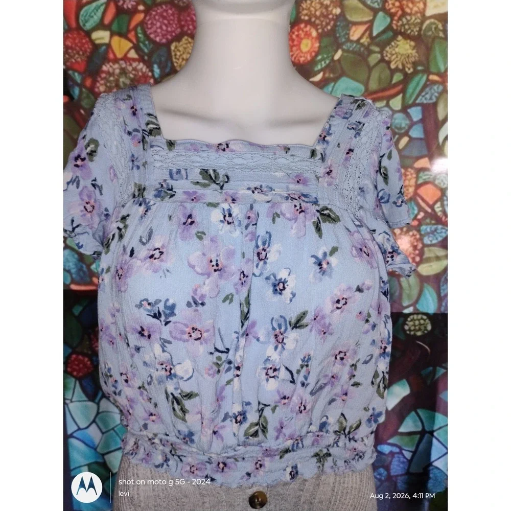 Justice Girls Blue Floral Crop Top Square Neck Lace Trim Size 14/16 NWOT